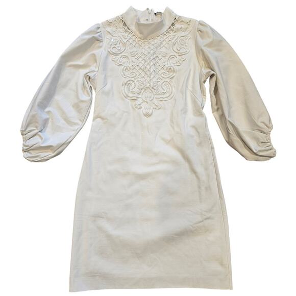 Boston Proper White 3/4 Sleeve Knee Length Lace Beaded Dress sz 4 Wedding Retro - Picture 1 of 8